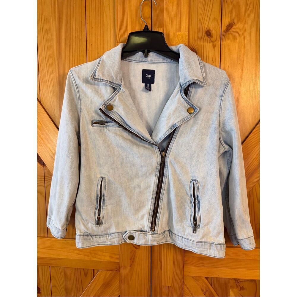 Gap Women's Asymmetrical Zip Light Wash Denim Moto Jacket Size Medium (6961)
